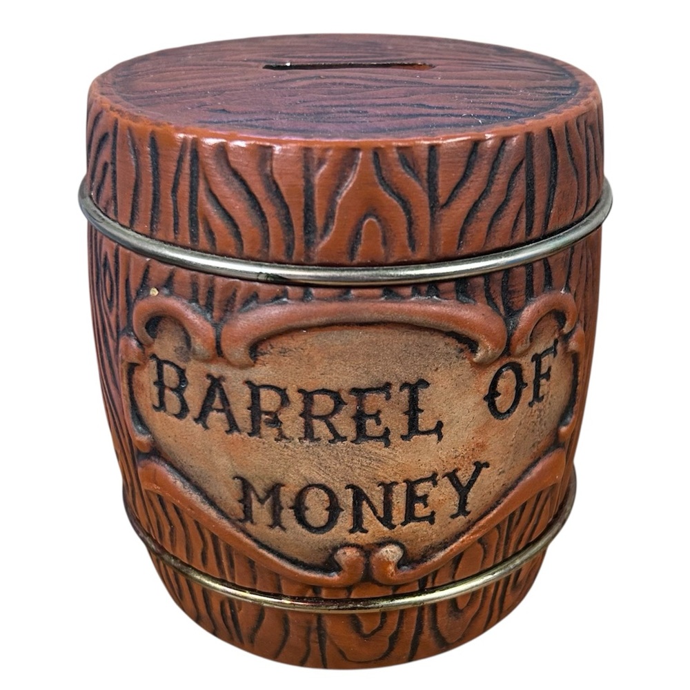 Vintage Barrel of Money Coin Bank Ceramic Piggy‎ Bank by Giftcraft Japan Brown